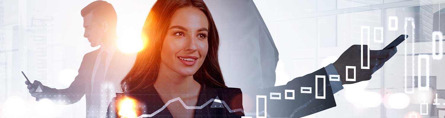 Person smiling in front of graphics