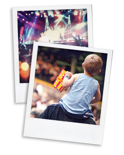 two polaroids stacked, the bottom one of a concert and the top one of a young boy with his back to the camera