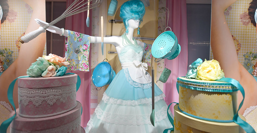 female mannequin in pastel dress