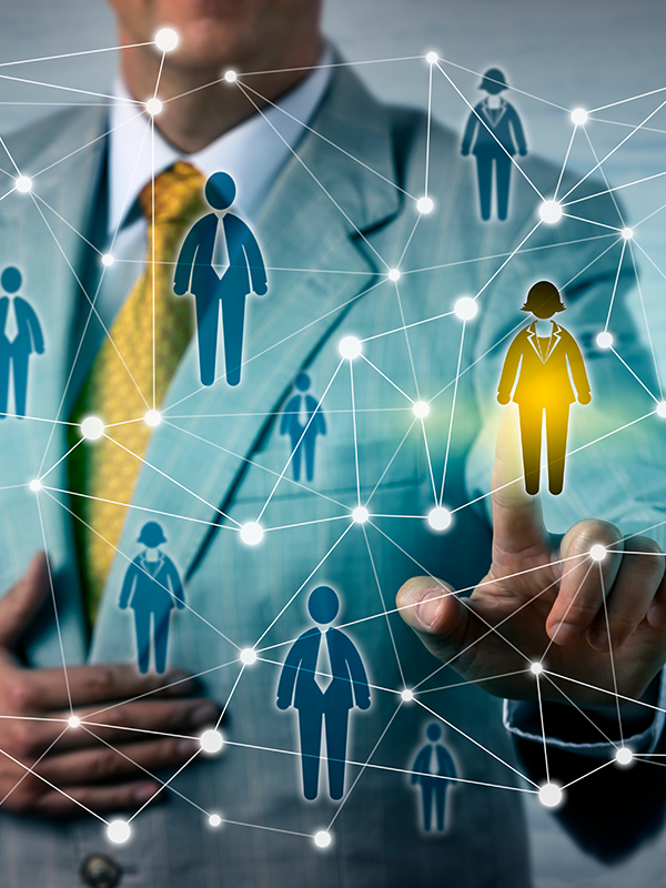 Businessperson selecting a candidate icon from a network of people