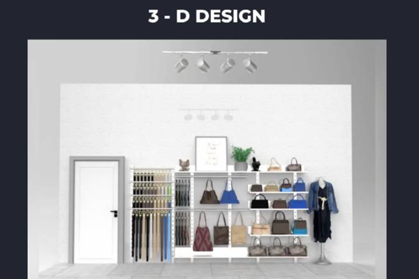 3D model of a store wall with clothing and shoes hanging from racks