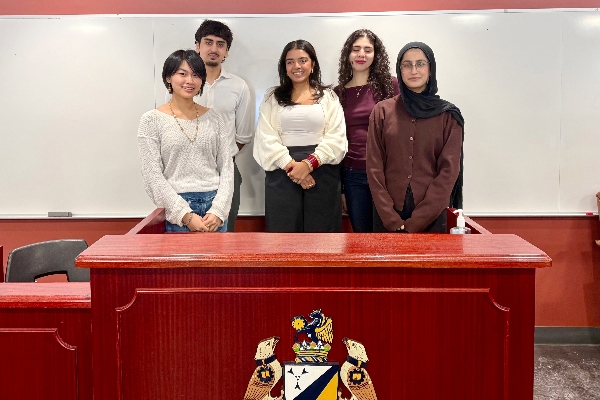 Bachelor of Paralegal Studies current students and graduates from left to right: Emily Clayton, Vir Rohera, Kiran Matharu, Mia Papazian and Aysha Patel.