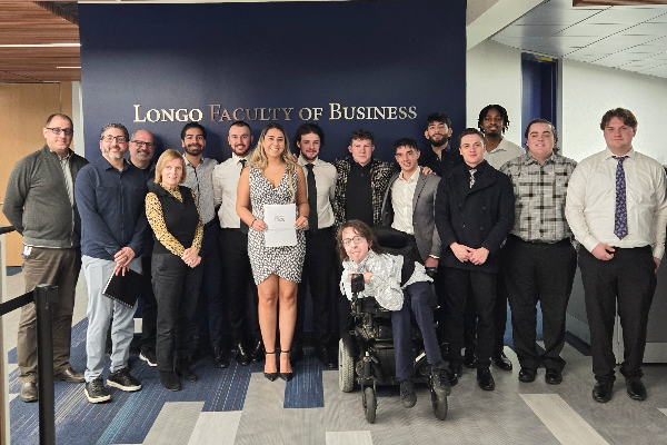 Capstone students present their research to Alvina Cassiani, Senior Dean of the Longo Faculty of Business; Tania Massa, Associate Dean of Research; Professors Ned Ismail, Mounir Marhaba, Ashwin Patel, and Rick Simone.