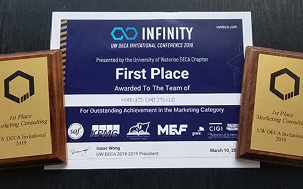 Close up on a certificate and two plaques