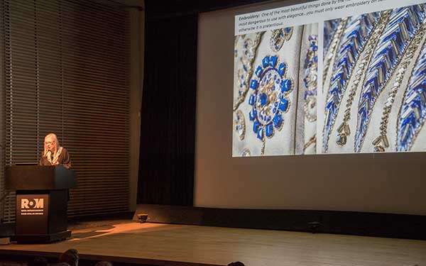 Alexandra Palmer speaking to fashion students 